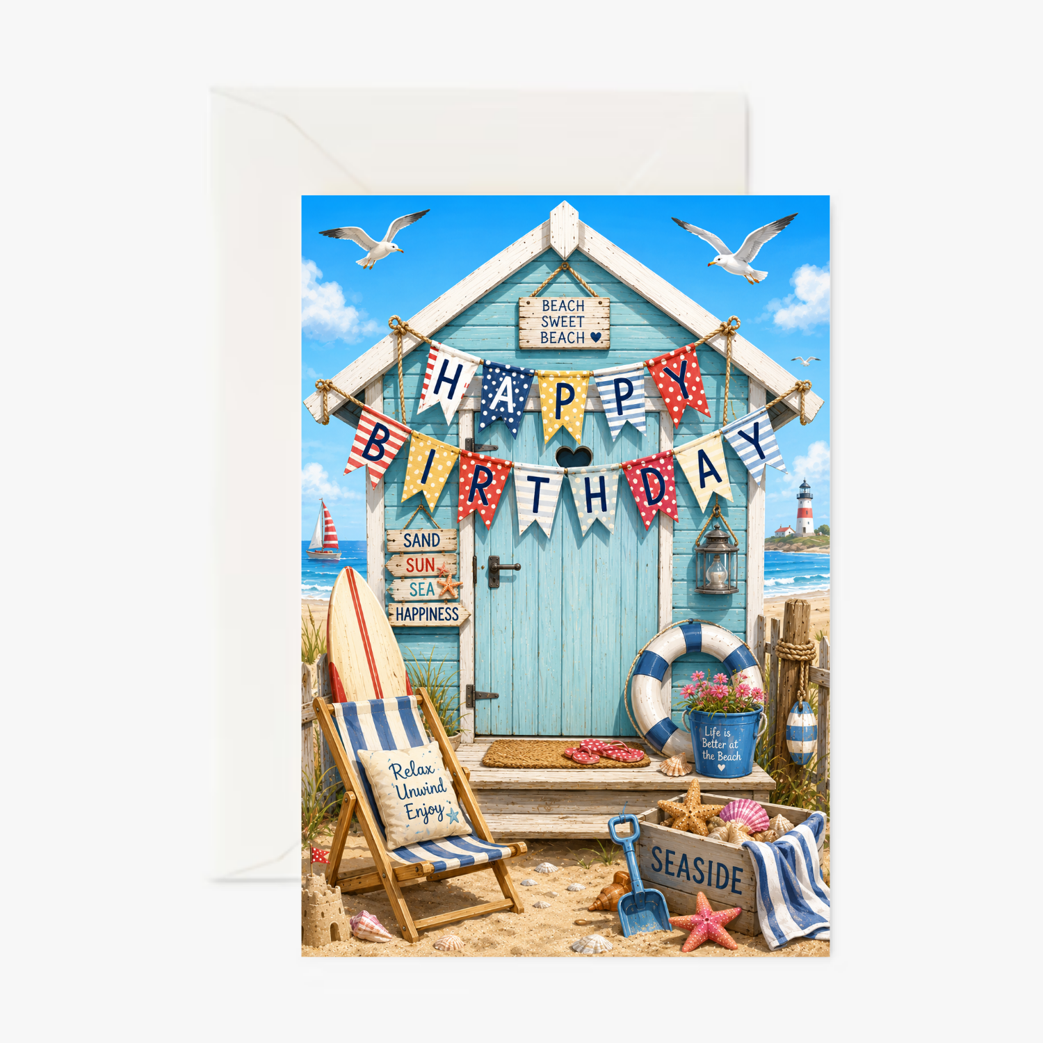 Beach Hut Birthday personalised greeting card