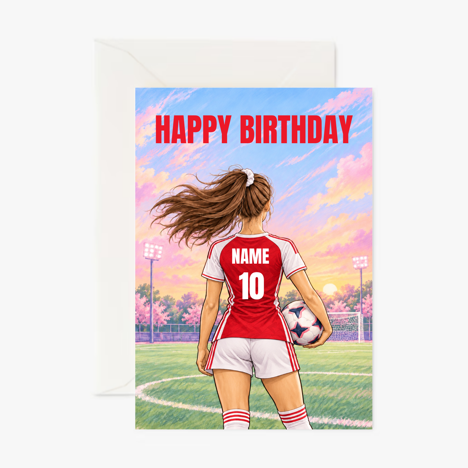 Personalised Ladies Football Birthday Card With Red & White Kit