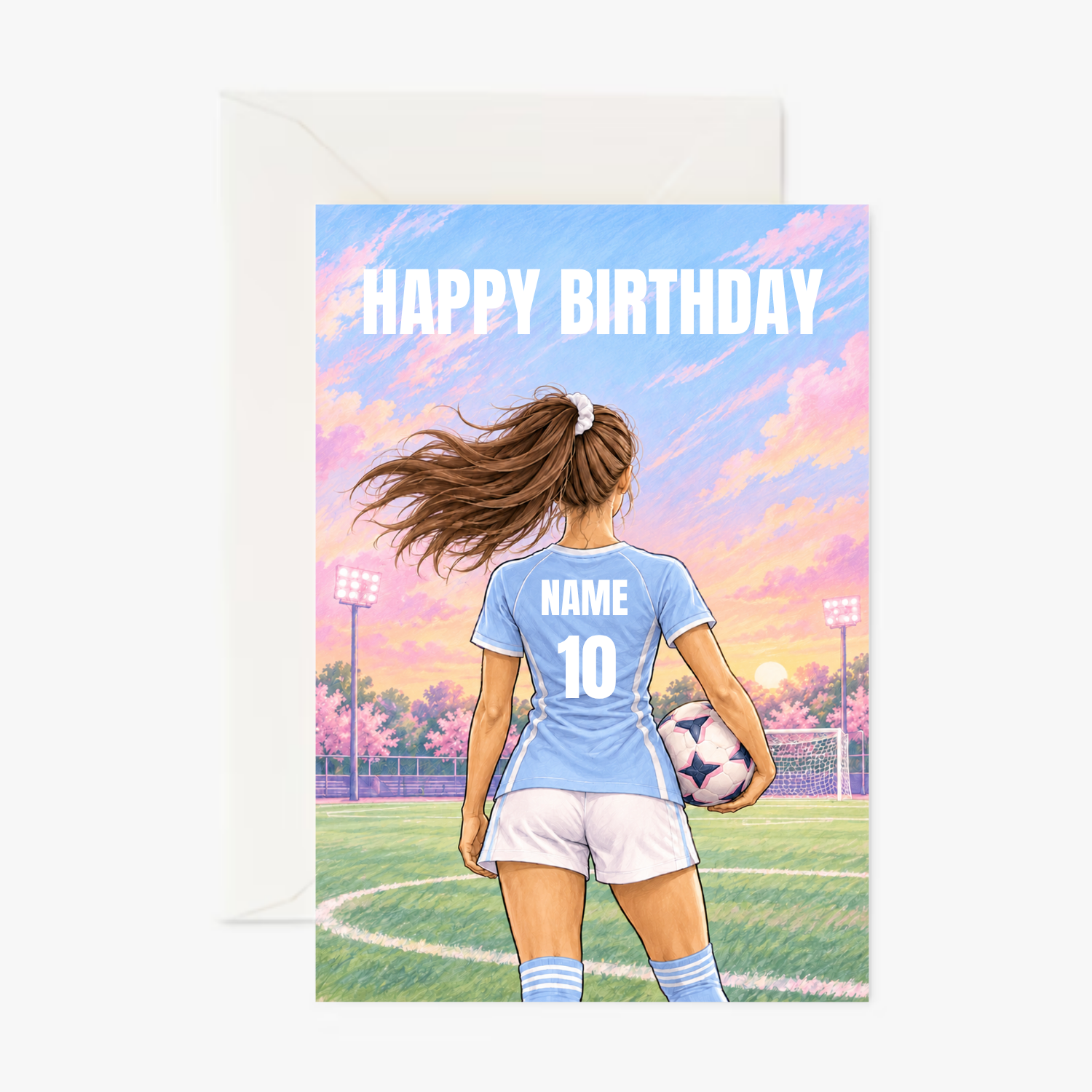 Personalised Ladies Football Birthday Card With Light Blue & White Kit