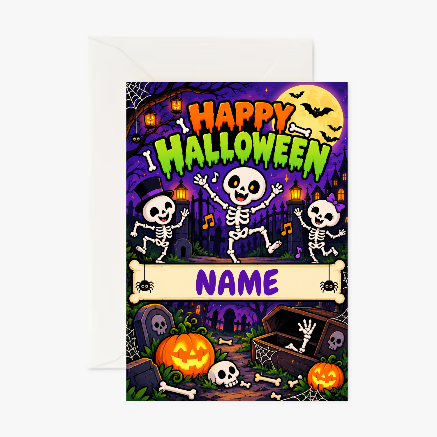Personalised Happy Halloween Skeleton Card – Spooky Skeleton Halloween Greeting Card, Fun Halloween Card