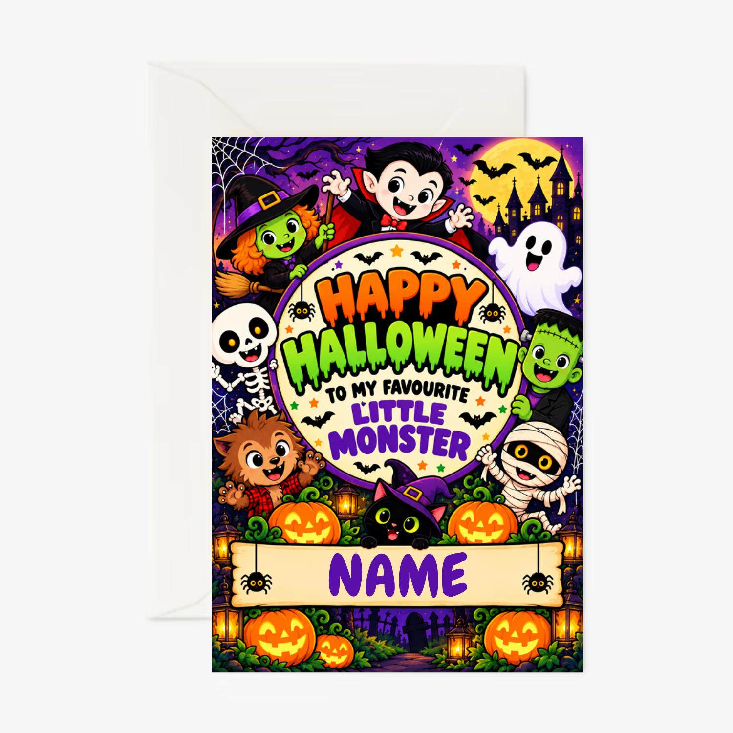 Personalised Happy Halloween Monster Card – Fun Halloween Characters Greeting Card, Spooky Kids Halloween Card - Cockney Cards