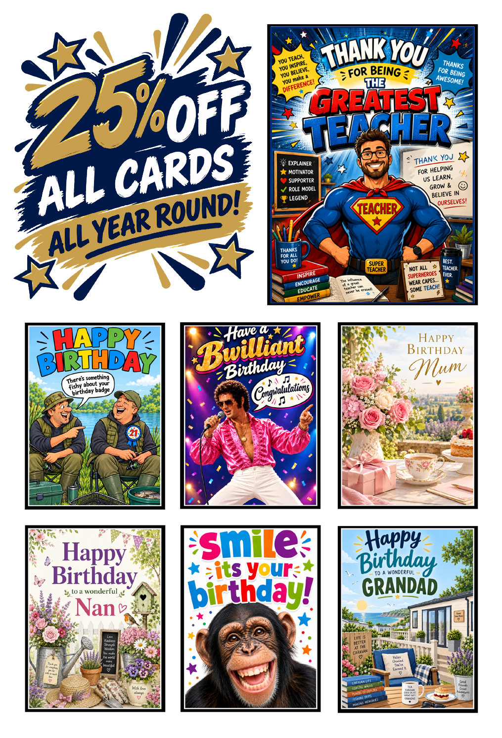 25% off all cards, all year round