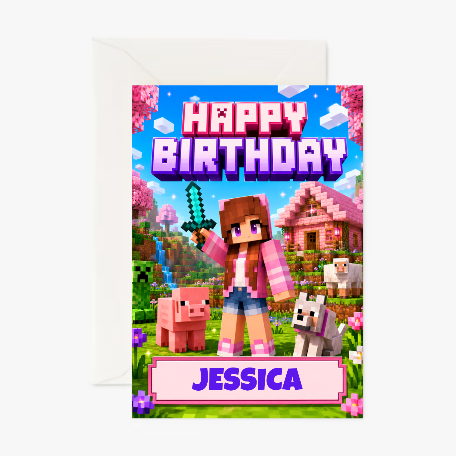 Minecraft Birthday Girl personalised greeting card