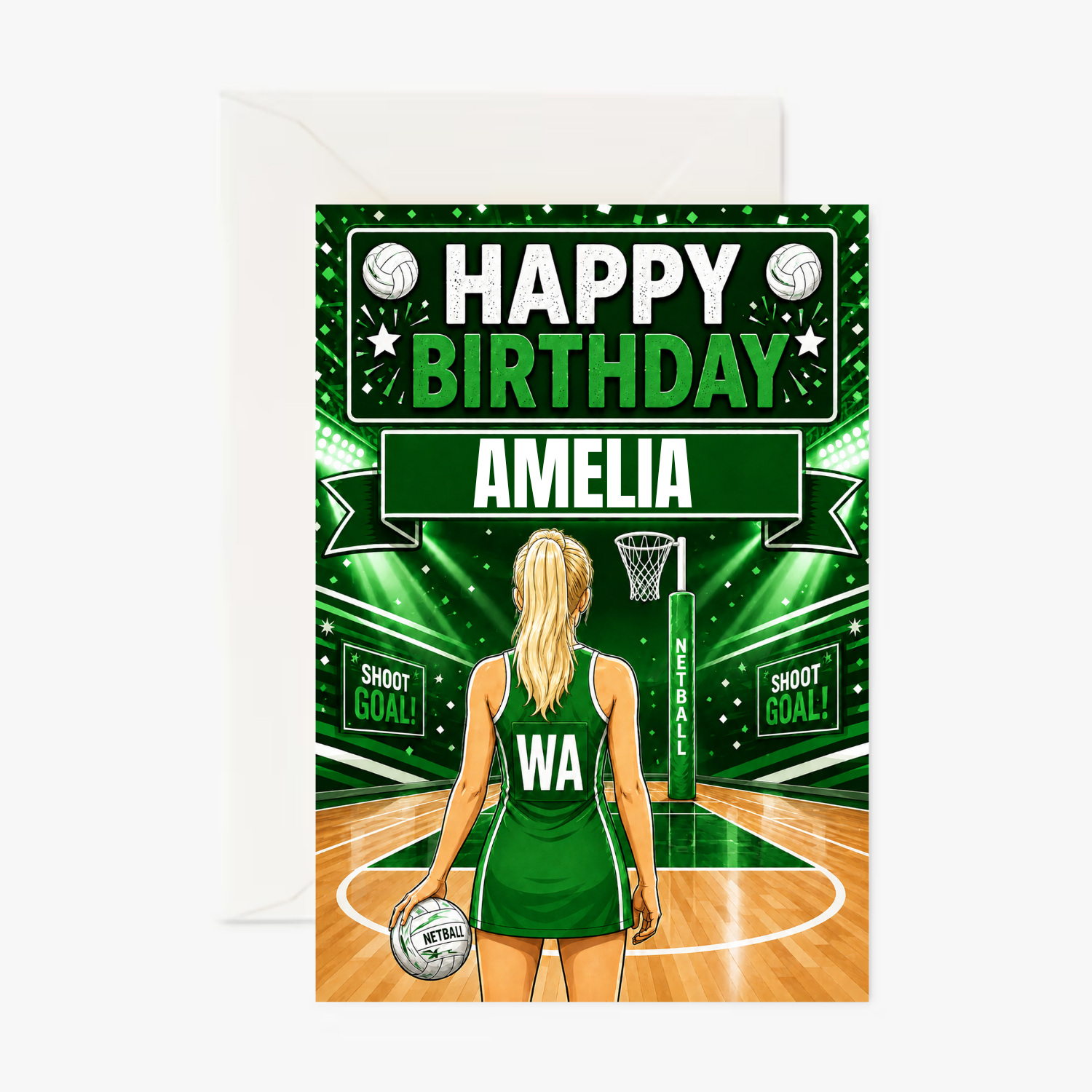 Netball Girl Green Outfit Girl 2 personalised greeting card