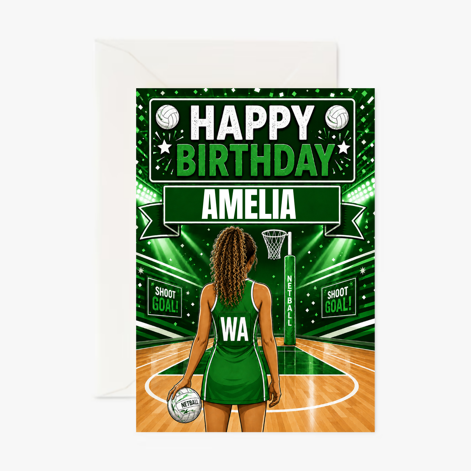 Netball Girl Green Outfit Girl 3 personalised greeting card