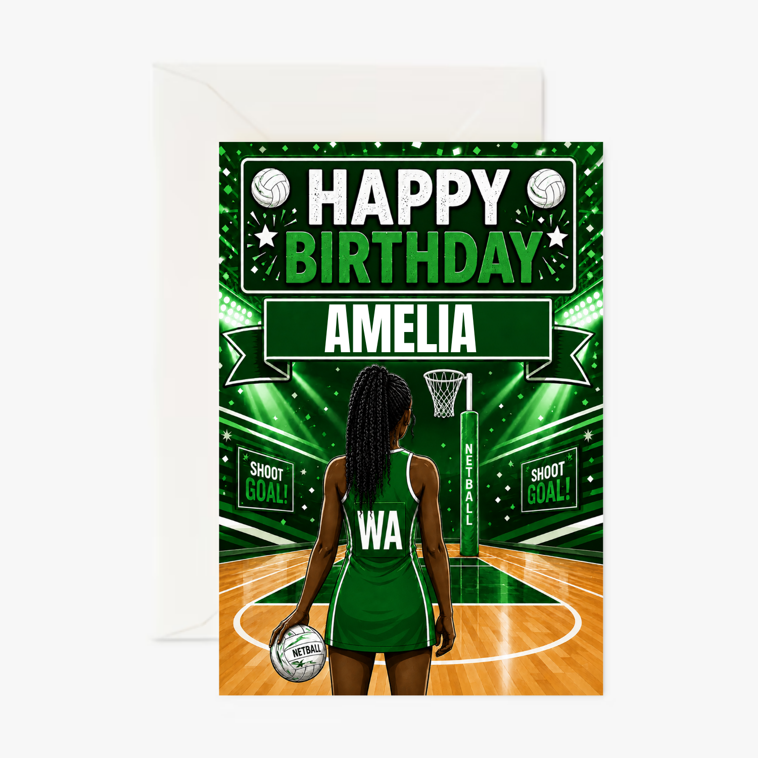 Netball Girl Green Outfit Girl 4 personalised greeting card