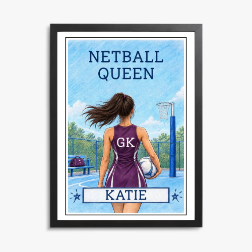 Netball Queen Personalised Wall Art Print – Custom Name Netball Player Gift for Girls & Women – personalised print