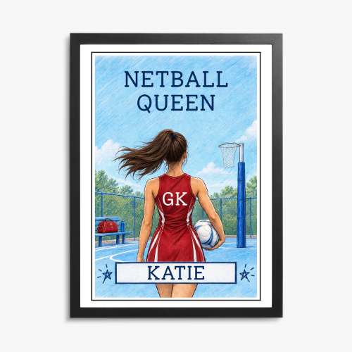 Netball Queen Personalised Wall Art Print – Custom Name Netball Player Gift for Girls & Women