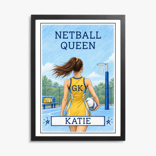 Netball Queen Personalised Wall Art Print – Custom Name Netball Player Gift for Girls & Women – personalised print