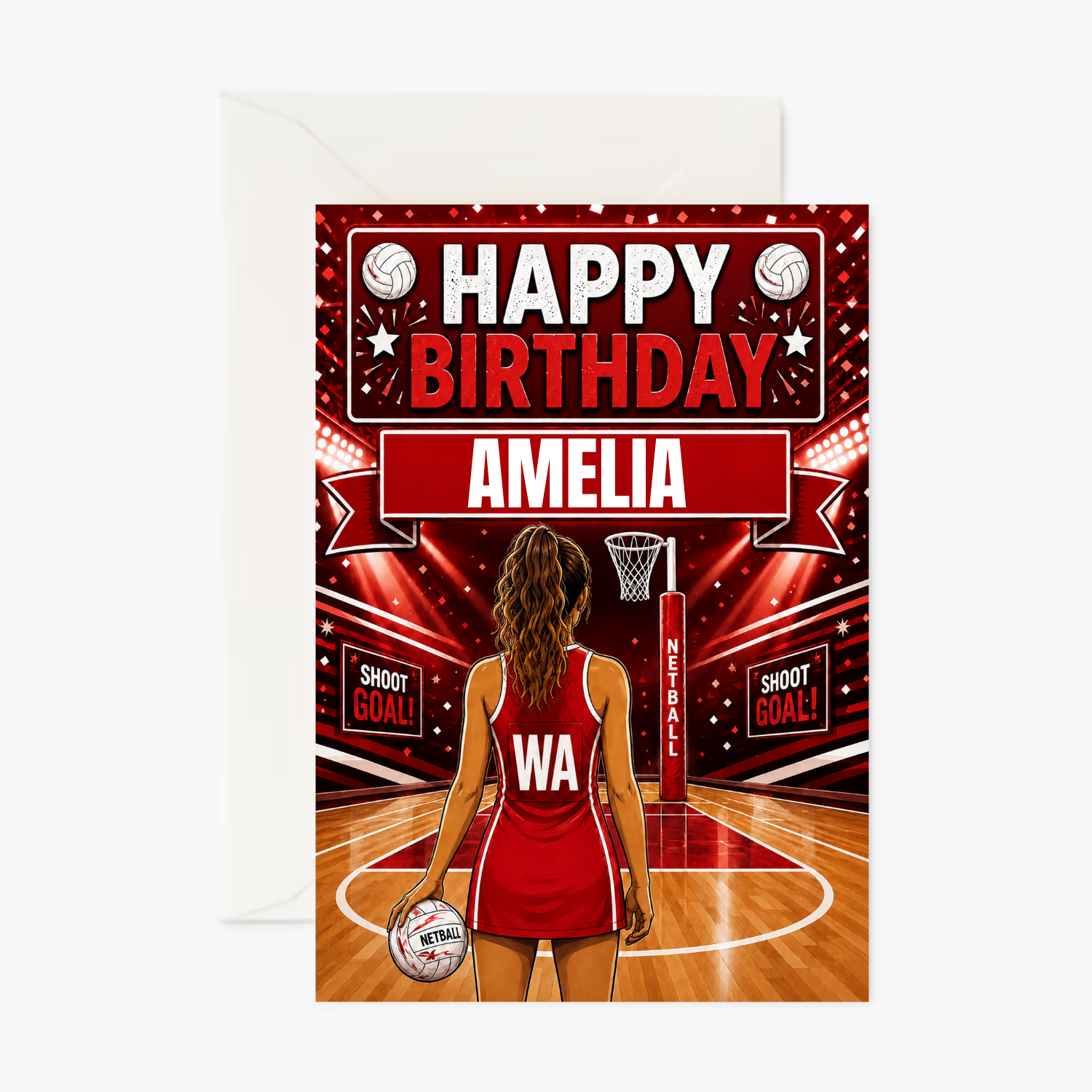 Netball Girl Red Outfit Girl 1 personalised greeting card