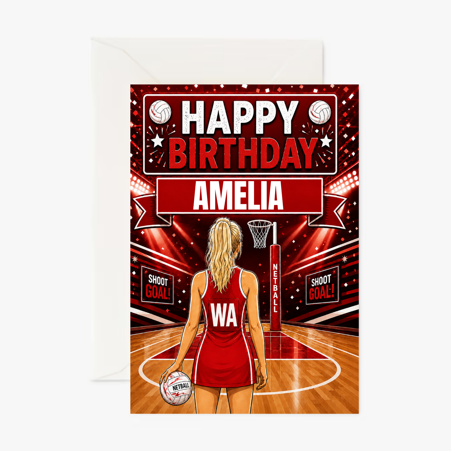 Netball Girl Red Outfit Girl 2 personalised greeting card