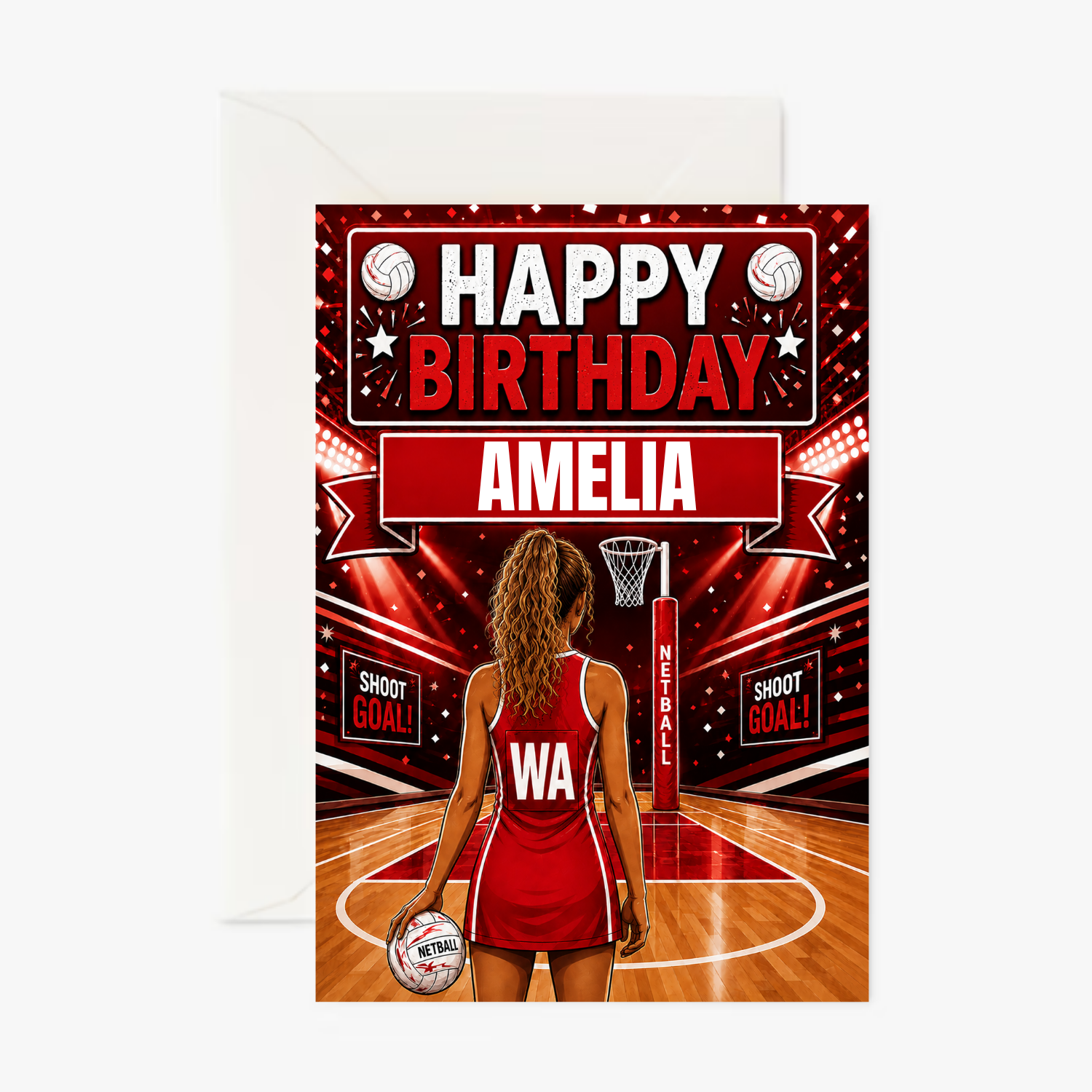 Netball Girl Red Outfit Girl 3 personalised greeting card