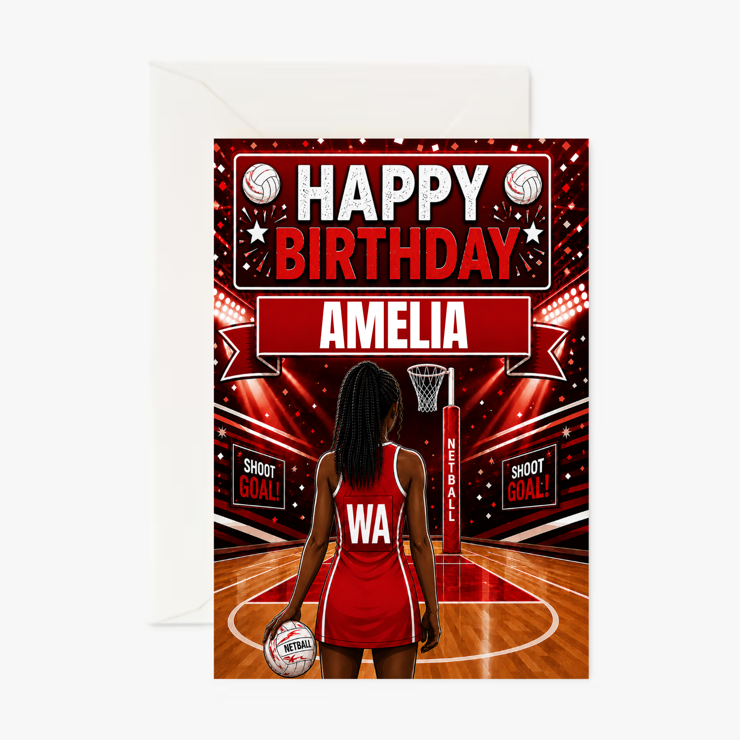 Netball Girl Red Outfit Girl 4 personalised greeting card