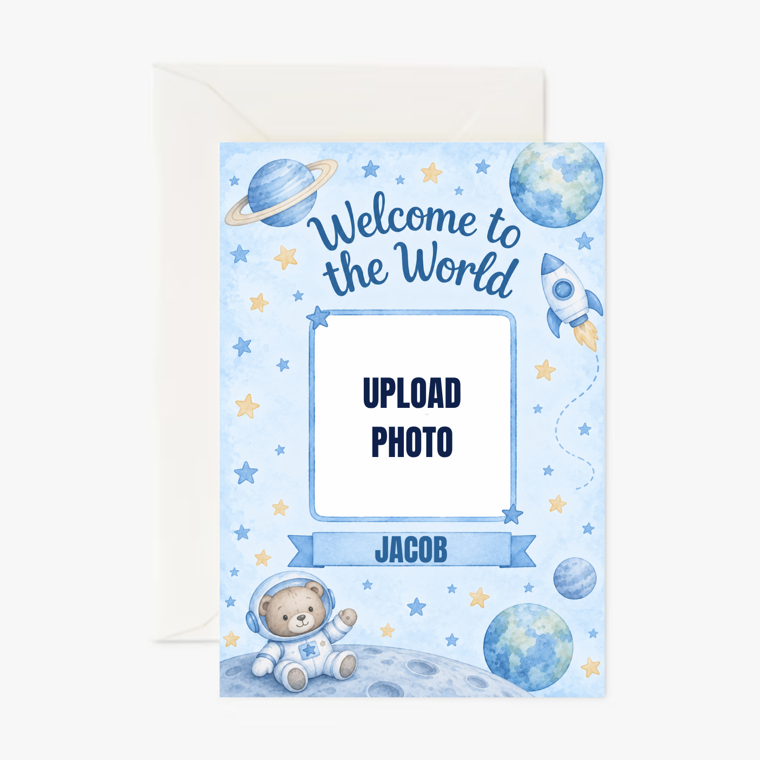 Space Teddy personalised New Baby card - Cockney Cards