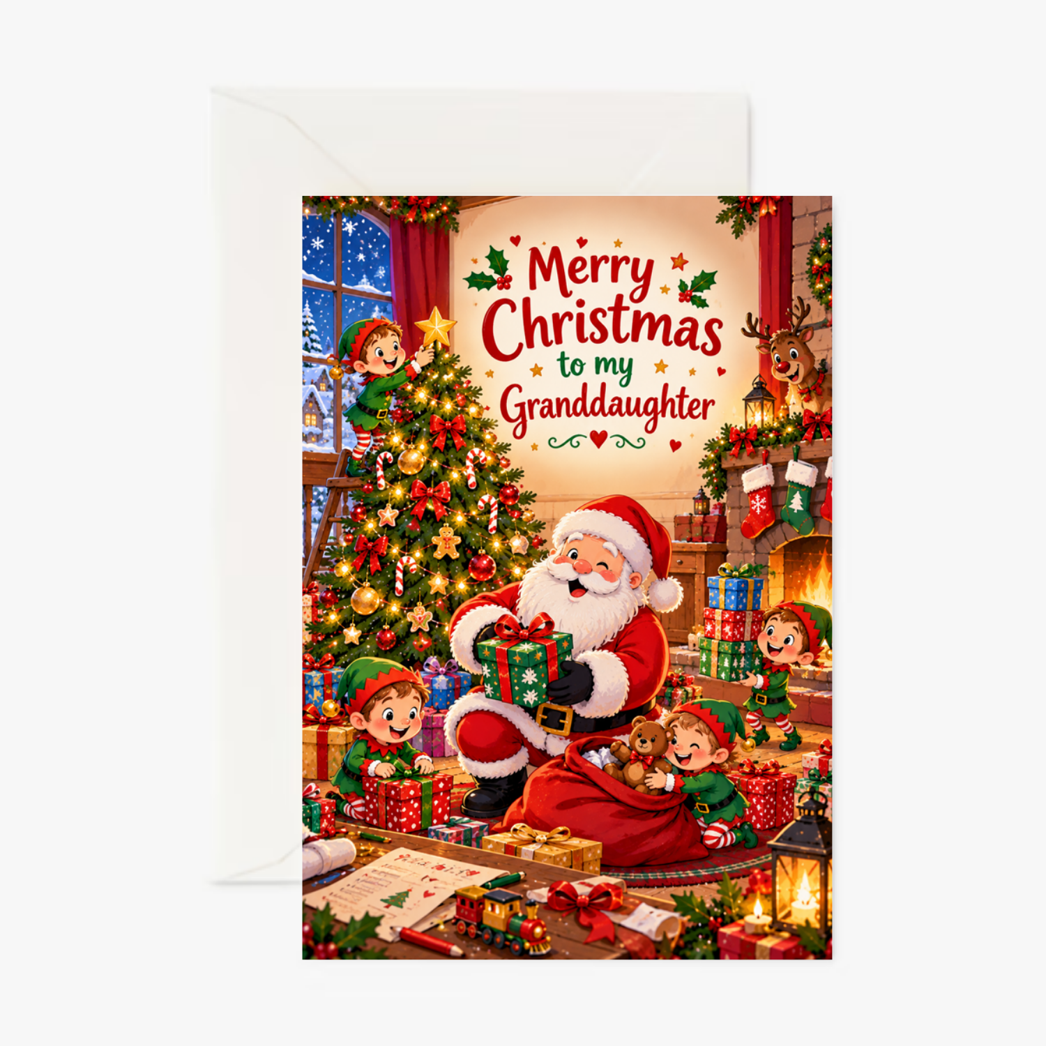 Personalised Christmas Card for Granddaughter – Santa with Elves Design