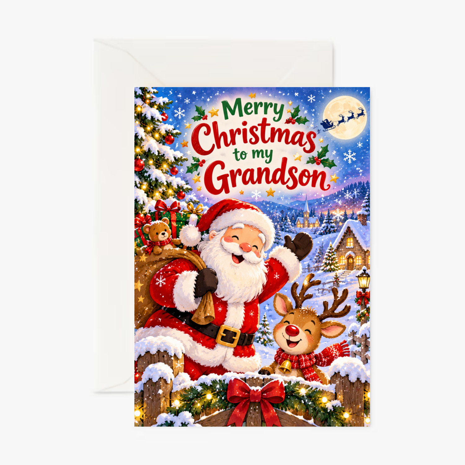 Personalised Christmas Card for Grandson – Santa & Ruldoplh