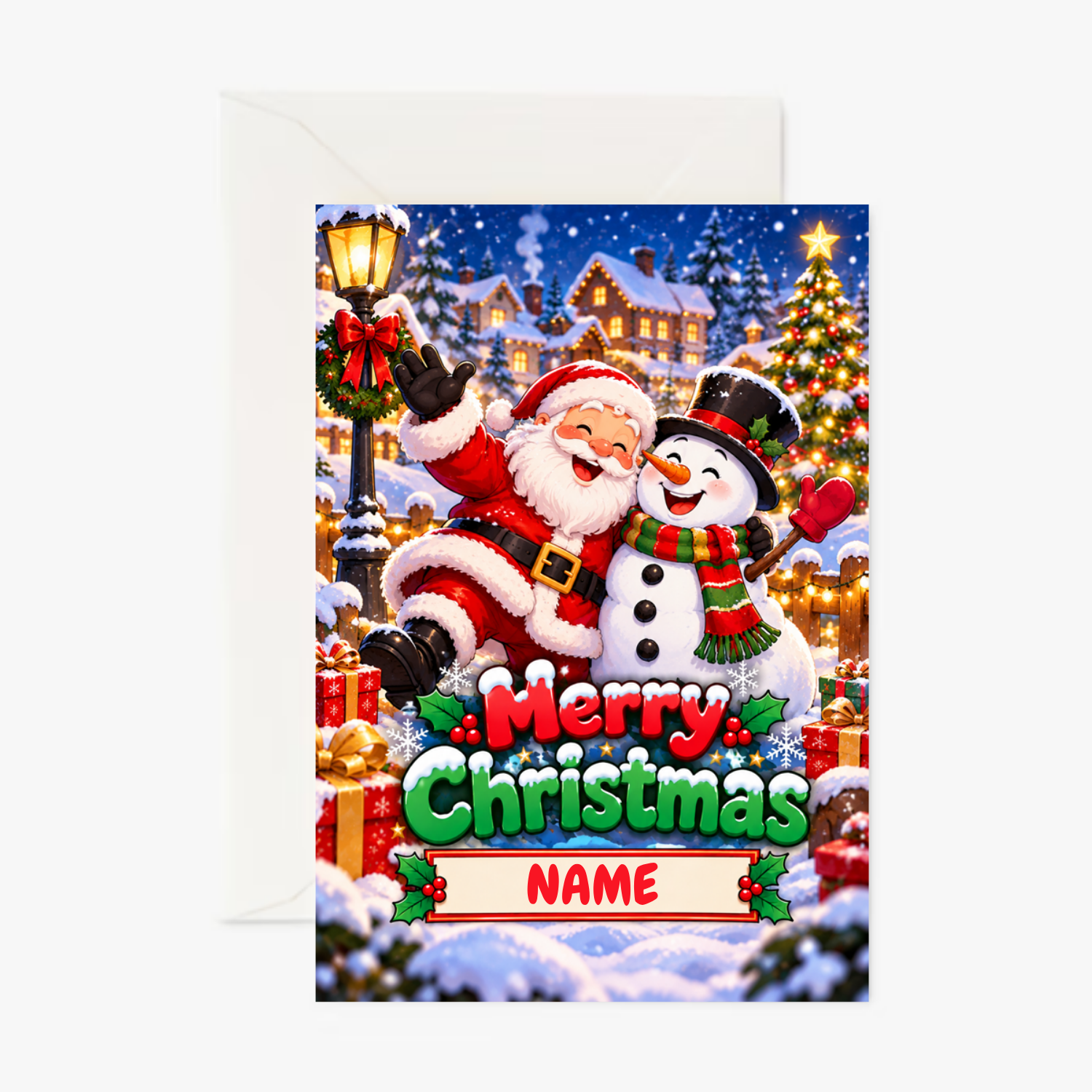Personalised Merry Christmas Santa and Snowman Card – Festive Winter Christmas Greeting Card - Cockney Cards