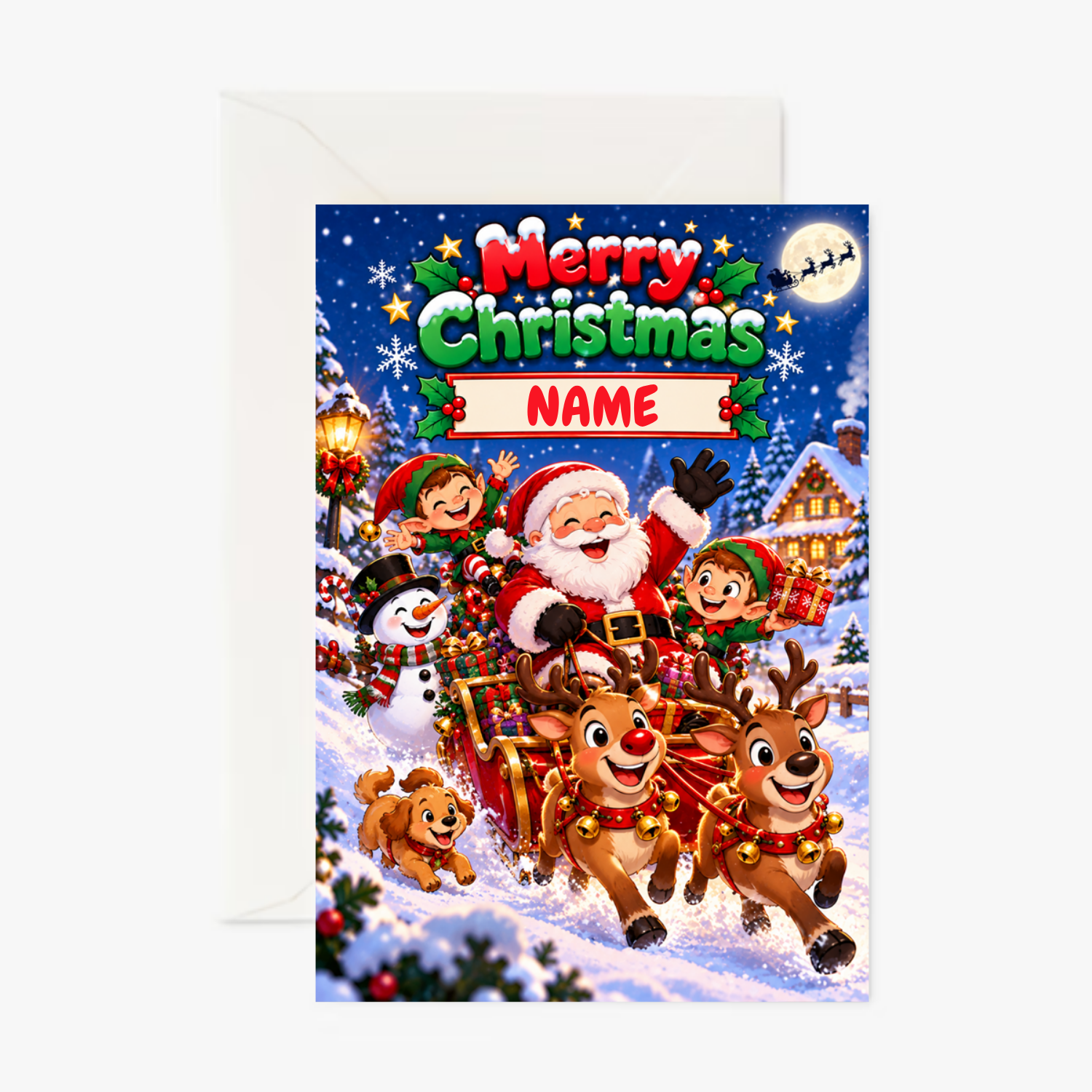 Personalised Merry Christmas Santa Sleigh Card – Festive Santa Claus Christmas Greeting Card